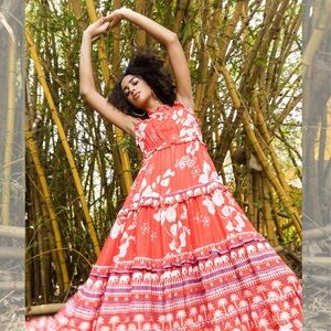 Emily Locklove Radiant Red salmon Rachel Dress elephants floral sleeveless MED